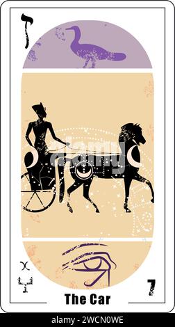 Egyptian tarot card number seven, called the chariot. Ancient war chariot with horses. Egyptian Stock Vector