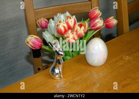 Decoration for Easter: Easter bunny figures and various Easter eggs Stock Photo
