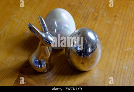 Decoration for Easter: Easter bunny figures and various Easter eggs isolated , as background Stock Photo