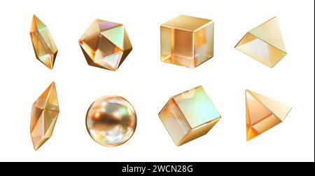 Gold crystal geometry shape set isolated on white background 3d rendering without AI generated Stock Photo