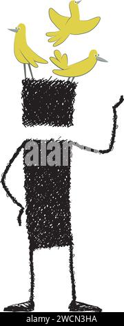 A stick figure is standing. On his head they are perched several birds. A conceptual illustration of the phrase having birds in the head. Being distra Stock Vector