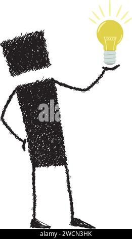 A stick figure holding a light bulb in hand. He has had a brilliant idea. Stock Vector