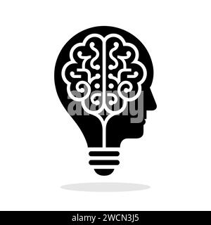 Black silhouette of a human head with a brain-shaped light bulb on a white background. Symbol of creativity and creative idea. Education concept. Vect Stock Vector