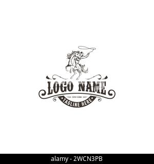 Vintage retro texas rodeo cowboy riding horse monochrome logo design template Stock Vector