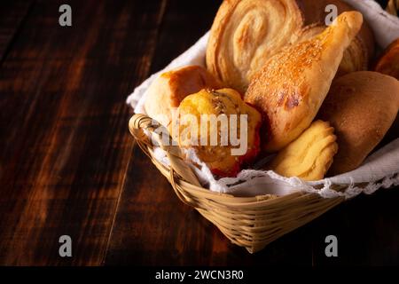 Variety of traditional Mexican sweet bread, Hojaldra, Bisquet, Chino, Oreja, Cacahuate, made by hand, in Mexico it is called Pan Dulce and cannot be m Stock Photo