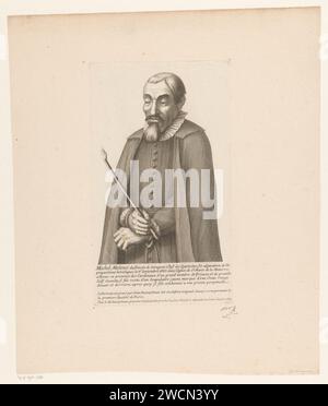Portrait of Miguel de Molinos after his conviction in 1687, Johann Hainzelmann, 1687 print  Paris paper engraving historical persons. prisoner with hands bound. torch. Stock Photo