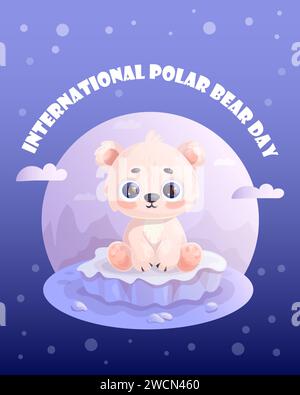 Cute polar bear baby on ice floe. Holiday International Polar Bear Day. Vector illustration in cartoon style with animal character. Kids collection Stock Vector