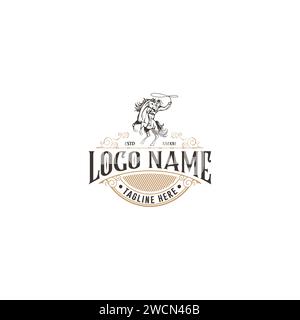 Vintage retro texas rodeo cowboy riding horse monochrome logo design template Stock Vector