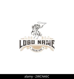 Vintage retro texas rodeo cowboy riding horse monochrome logo design template Stock Vector