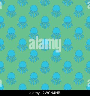 Jellyfish seamless pattern on the green background Stock Vector