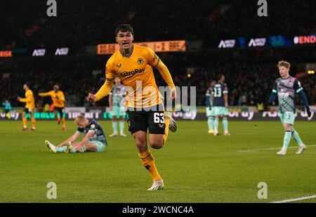 Wolverhampton Wanderers' Nathan Fraser celebrates scoring his sides second goal during the Emirates FA Cup third round replay match at the Molineux Stadium, Wolverhampton. Picture date: Tuesday January 16, 2024. Stock Photo