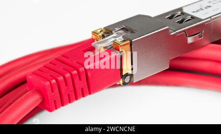 Registered jack connector RJ45 in network interface module on white background. Closeup of SFP transceiver and red Ethernet twisted pair patch cables. Stock Photo