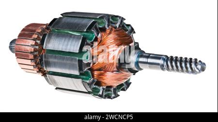 Closeup an electric DC motor rotor isolated on white background. Steel worm gear shaft, copper commutator, coil wire winding, metal transformer sheets. Stock Photo
