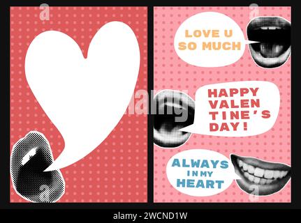 Valentines day halftone collage posters set vector illustration Stock Vector