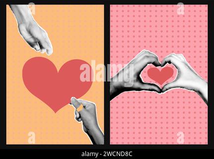 Valentines day halftone collage posters set vector illustration Stock Vector