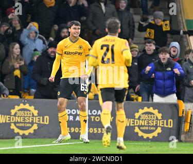 Wolverhampton, UK. 16th Jan, 2024. Nathan Fraser of Wolverhampton Wanderers celebrates his goal to make it 2-2, during the Emirates FA Cup Third Round Replay match Wolverhampton Wanderers vs Brentford at Molineux, Wolverhampton, United Kingdom, 16th January 2024 (Photo by Cody Froggatt/News Images) Credit: News Images LTD/Alamy Live News Stock Photo