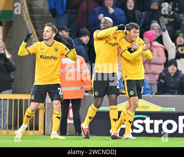 Wolverhampton, UK. 16th Jan, 2024. Nathan Fraser of Wolverhampton Wanderers celebrates his goal to make it 2-2, during the Emirates FA Cup Third Round Replay match Wolverhampton Wanderers vs Brentford at Molineux, Wolverhampton, United Kingdom, 16th January 2024 (Photo by Cody Froggatt/News Images) Credit: News Images LTD/Alamy Live News Stock Photo