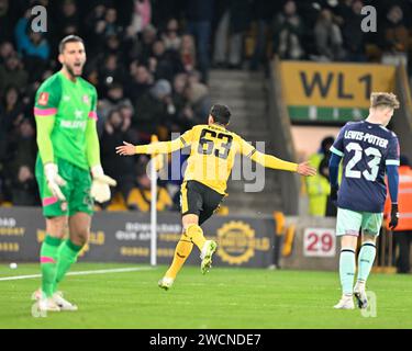 Wolverhampton, UK. 16th Jan, 2024. Nathan Fraser of Wolverhampton Wanderers celebrates his goal to make it 2-2, during the Emirates FA Cup Third Round Replay match Wolverhampton Wanderers vs Brentford at Molineux, Wolverhampton, United Kingdom, 16th January 2024 (Photo by Cody Froggatt/News Images) Credit: News Images LTD/Alamy Live News Stock Photo