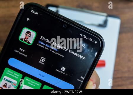Sticker Maker for WhatsApp application on Smartphone screen. Sticker Maker is a freeware web browser developed by Sticker Maker Studio. Bekasi, Indone Stock Photo