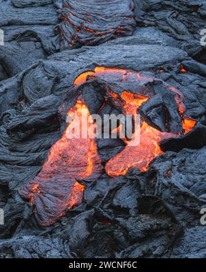 Glowing red fresh lava at Geldingadalur Fagradallsfjall Volcanic eruption in Iceland Stock Photo