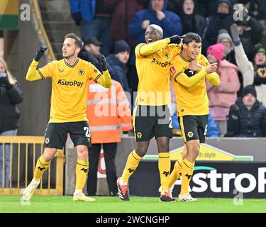 Wolverhampton, UK. 16th Jan, 2024. Nathan Fraser of Wolverhampton Wanderers celebrates his goal to make it 2-2, during the Emirates FA Cup Third Round Replay match Wolverhampton Wanderers vs Brentford at Molineux, Wolverhampton, United Kingdom, 16th January 2024 (Photo by Cody Froggatt/News Images) in Wolverhampton, United Kingdom on 1/16/2024. (Photo by Cody Froggatt/News Images/Sipa USA) Credit: Sipa USA/Alamy Live News Stock Photo