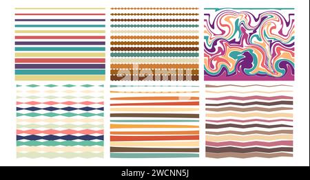 Horizontal groovy striped background in 70s 80s style. Psychedelic abstract background. Set of abstract retro patterns in hippie style. Vector illustr Stock Vector