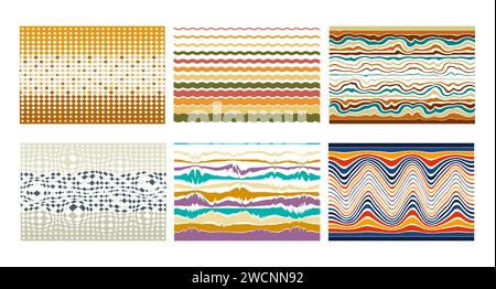 Vintage set of groovy patterns in the style of the 70s. Horizontal psychedelic abstract background. Set of abstract retro patterns in hippie style. Ve Stock Vector