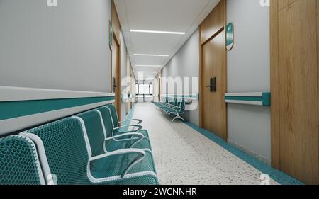 Esthetic and clean modern hospital reception and corridor, private clinic or vet waiting room with empty posters and walls. Stock Photo