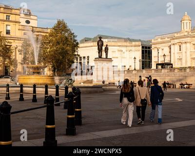 London, 07th October 2023: Pedestrians are walking across Trafalgar Square, where the new 'Antelope' Sculpture is installed on the Fourth Plinth. Stock Photo