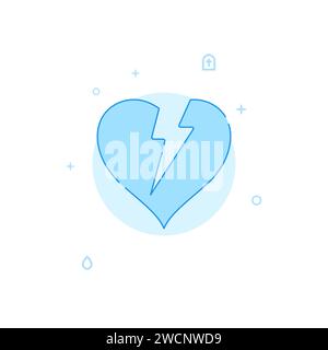Broken heart, grief vector icon. Flat illustration. Filled line style. Blue monochrome design. Editable stroke. Adjust line weight. Stock Vector