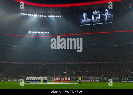 Players of FC Bayern Munich FCB and TSG 1899 Hoffenheim, photo on scoreboard mourning, remembrance, minute's silence for the death of Franz Stock Photo