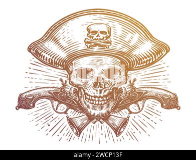 Pirate skull skeleton in pirates captain hat and crossed pistols muskets. Vector illustration in vintage style Stock Vector