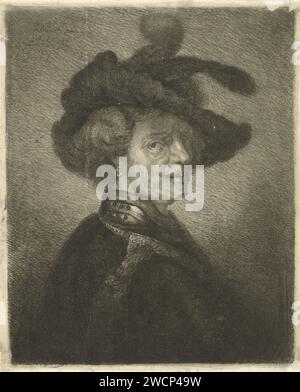Tronie of a man with a feathered beret, Johannes Mock, after Rembrandt van Rijn, 1827 print  Netherlands China paper etching head-gear: hat Stock Photo