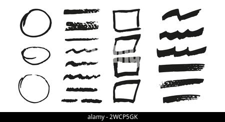 Brushes and elements for notes highlighting text. Squares circles lines wavy strokes. Vector illustration... Stock Vector