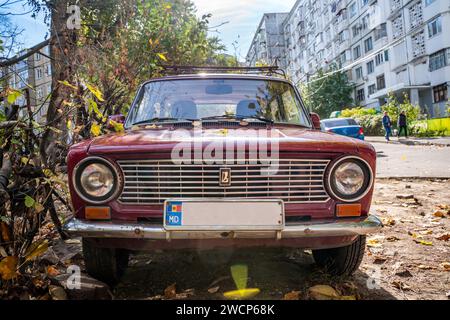 closeup of front of old red lada car Stock Photo