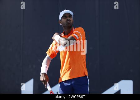 16th January 2024: Melbourne, Victoria, Australia. Australia Open Tennis tournament, day 3: India's Sumit Nagal in action during his first round match against Kazakhstan's Alexander Bublik Stock Photo