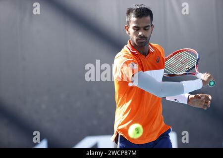 16th January 2024: Melbourne, Victoria, Australia. Australia Open Tennis tournament, day 3: India's Sumit Nagal in action during his first round match against Kazakhstan's Alexander Bublik Stock Photo