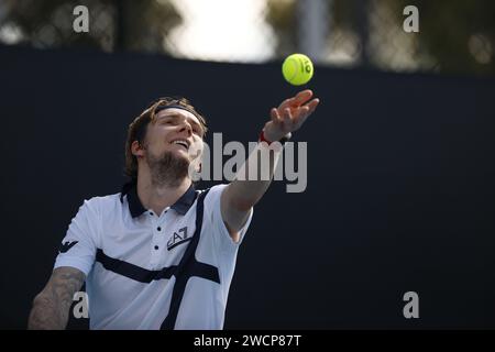 16th January 2024: Melbourne, Victoria, Australia. Australia Open Tennis tournament, day 3: Kazakhstan's Alexander Bublik in action during his first round match against India's Sumit Nagal Stock Photo