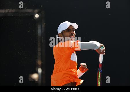 16th January 2024: Melbourne, Victoria, Australia. Australia Open Tennis tournament, day 3: India's Sumit Nagal in action during his first round match against Kazakhstan's Alexander Bublik Stock Photo