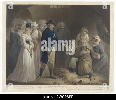 George III visits with his family prison in Dorchester, Charles Howard Hodges, after Thomas Stothard, 1793 print George III, king of Great Britain and Hanover, visits the prison in Dorchester with the royal family. He pours money to an old man who sits in the straw with his wife and their three daughters. With the money the man can buy himself from the prison. London paper  prison, jail Stock Photo