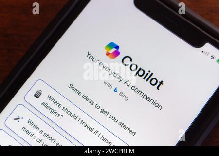 Vancouver, CANADA - Jan 2 2024 : Microsoft Copilot website seen in an iPhone screen. Copilot is a chatbot developed by MS Stock Photo