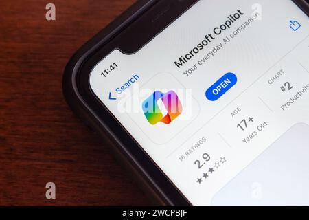 Vancouver, CANADA - Jan 2 2024 : Microsoft Copilot app seen in App Store on iPhone screen. Copilot is a chatbot developed by MS Stock Photo