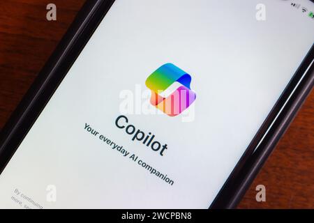 Vancouver, CANADA - Jan 2 2024 : Microsoft Copilot app seen in an iPhone screen. Copilot is a chatbot developed by MS Stock Photo