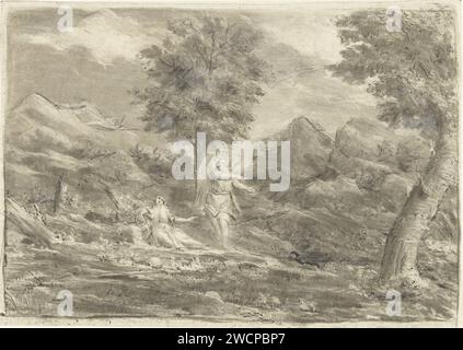 Hagar in the desert, Jurriaan Cootwijck, after Eustache Lesueur, 1759 print Hagar is located on the ground in a mountainous landscape. An angel points her to a water source. print maker: Amsterdamafter drawing by: Paris paper  an angel appears and reveals a well of water to Hagar Stock Photo