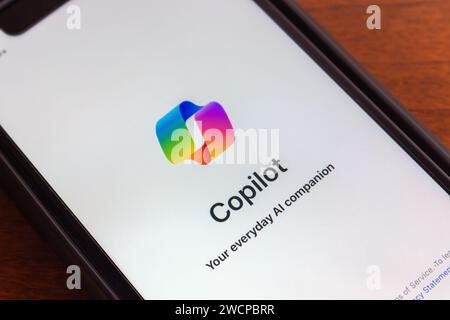 Vancouver, CANADA - Jan 2 2024 : Microsoft Copilot app seen in an iPhone screen. Copilot is a chatbot developed by MS Stock Photo