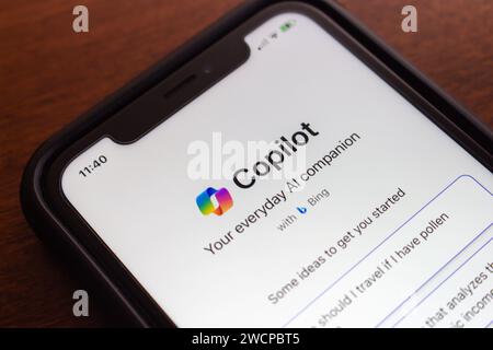 Vancouver, CANADA - Jan 2 2024 : Microsoft Copilot website seen in an iPhone screen. Copilot is a chatbot developed by MS Stock Photo