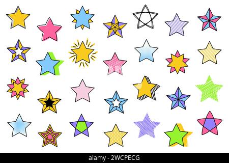 Abstract star set retro style. Star shape retro style 80s-90s. Trendy colors minimal stars modern elements. Halftone and swiss style. Set of star shapes. Vector illustration Stock Vector