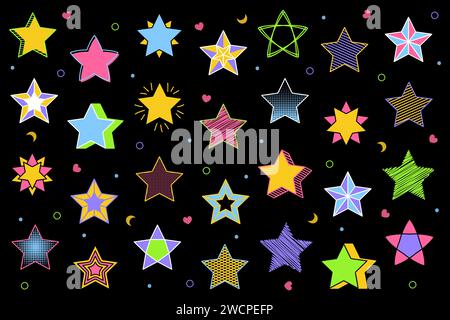 Abstract star set retro style. Star shape retro style 80s-90s. Trendy colors minimal stars modern elements. Halftone and swiss style. Set of star shapes. Vector illustration Stock Vector