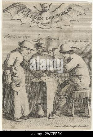 Three farmers play a card game, Salomon Savery, after Pieter Jansz Quast, c. 1640 - c. 1670 print Three farmers, each with name, play a card game. Above their head a bat with spread wings on which the title of the series is. Title print (unnumbered) for a twelve -part series of prints with performances by farmers. Amsterdam paper engraving / etching farmers. playing-cards. flying mammals: bat Stock Photo