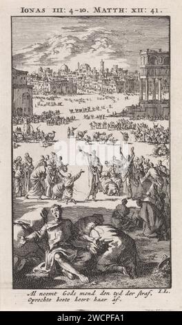 Jona predicts the downfall of Nineve, Jan Luyken, 1712 print  Amsterdam paper etching when Jonah arrives in the city of Nineveh he foretells its destruction in forty days Stock Photo